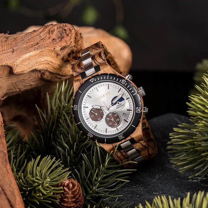 BOBO BIRD Sun and Moon GT-111 Wooden Quartz Chronograph Watch for Men in their 40s and 50s