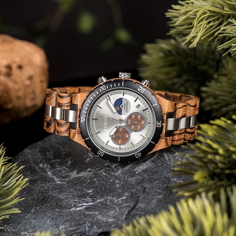 BOBO BIRD Sun and Moon GT-111 Wooden Quartz Chronograph Watch for Men in their 40s and 50s