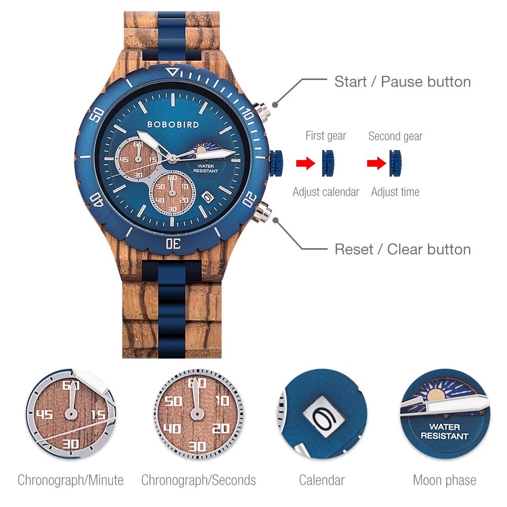 BOBO BIRD Sun and Moon GT-111 Wooden Quartz Chronograph Watch for Men in their 40s and 50s