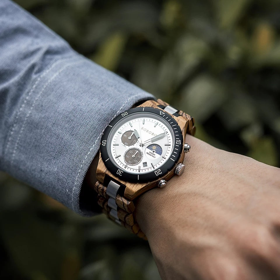 BOBO BIRD Sun and Moon GT-111 Wooden Quartz Chronograph Watch for Men in their 40s and 50s