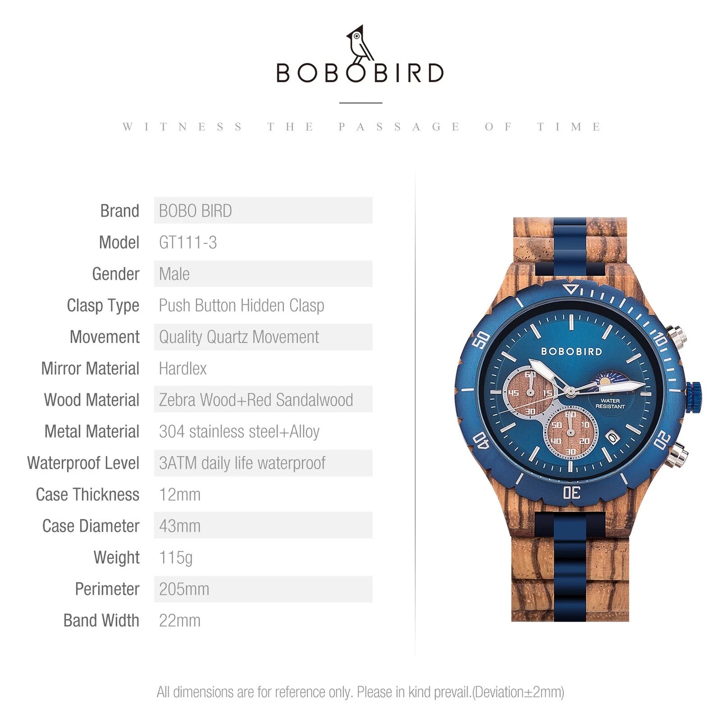 BOBO BIRD Sun and Moon GT-111 Wooden Quartz Chronograph Watch for Men in their 40s and 50s