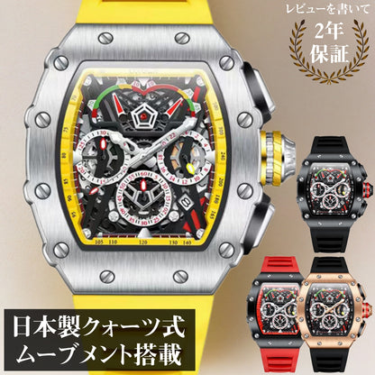 腕時計 メンズ クロノグラフ オマージュウォッチ クォーツ トノー型 スケルトン シリコンベルト 日付 ONOLA ON6827