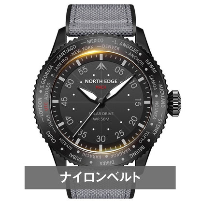 腕時計 メンズ ソーラー ワールドタイム機能 パイロットウォッチ 5気圧防水 NORTH EDGE MACH