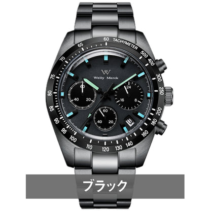 腕時計 メンズ 40代 50代 クロノグラフ オマージュウォッチ クォーツ オールブラック 39mm WELLY MERCK WM176