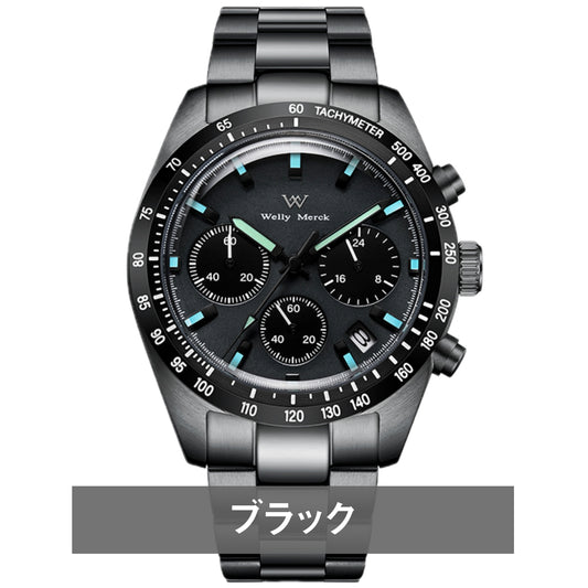 腕時計 メンズ 40代 50代 クロノグラフ オマージュウォッチ クォーツ オールブラック 39mm WELLY MERCK WM176