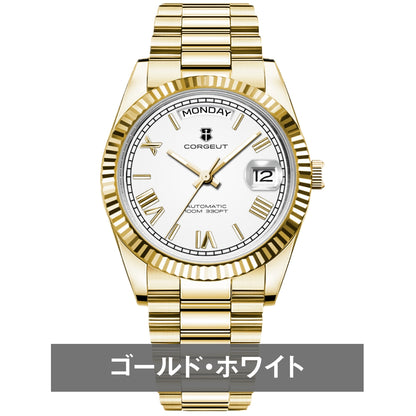 腕時計 メンズ 機械式 自動巻き 40代 50代 オマージュウォッチ デイデイト 手巻き 36mm 日付 曜日 CORGEUT 6002