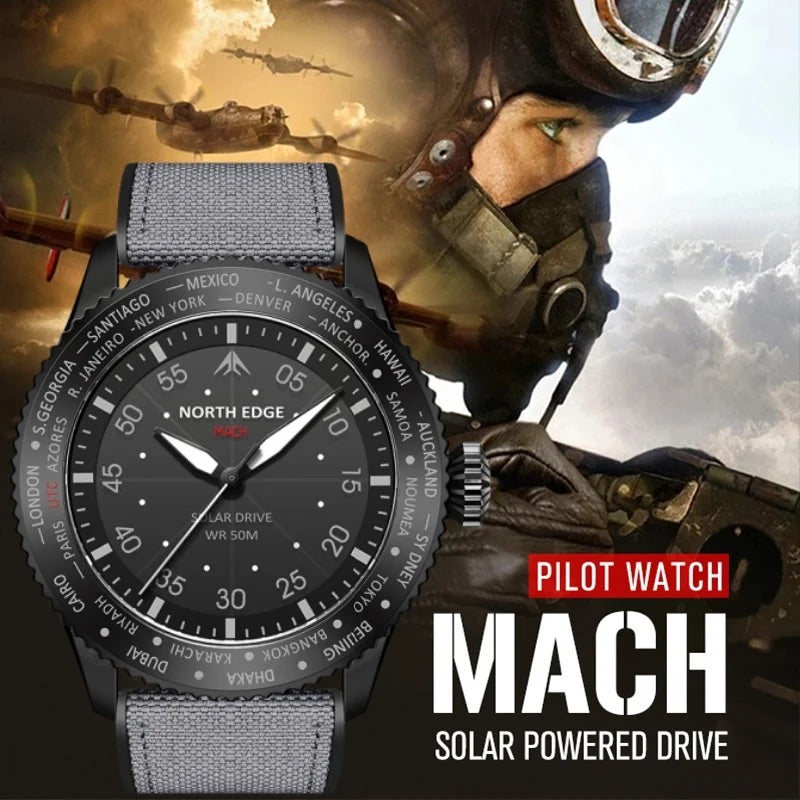 腕時計 メンズ ソーラー ワールドタイム機能 パイロットウォッチ 5気圧防水 NORTH EDGE MACH