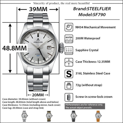 機械式腕時計 メンズ 40代 50代 GMT オマージュウォッチ 自動巻き セイコームーブメント 手巻き STEELFLIER SF790