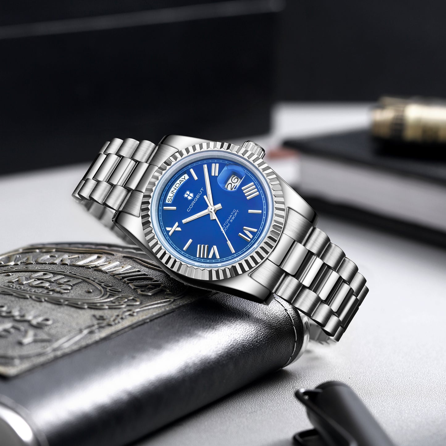 腕時計 メンズ 機械式 自動巻き 40代 50代 オマージュウォッチ デイデイト 手巻き 36mm 日付 曜日 CORGEUT 6002