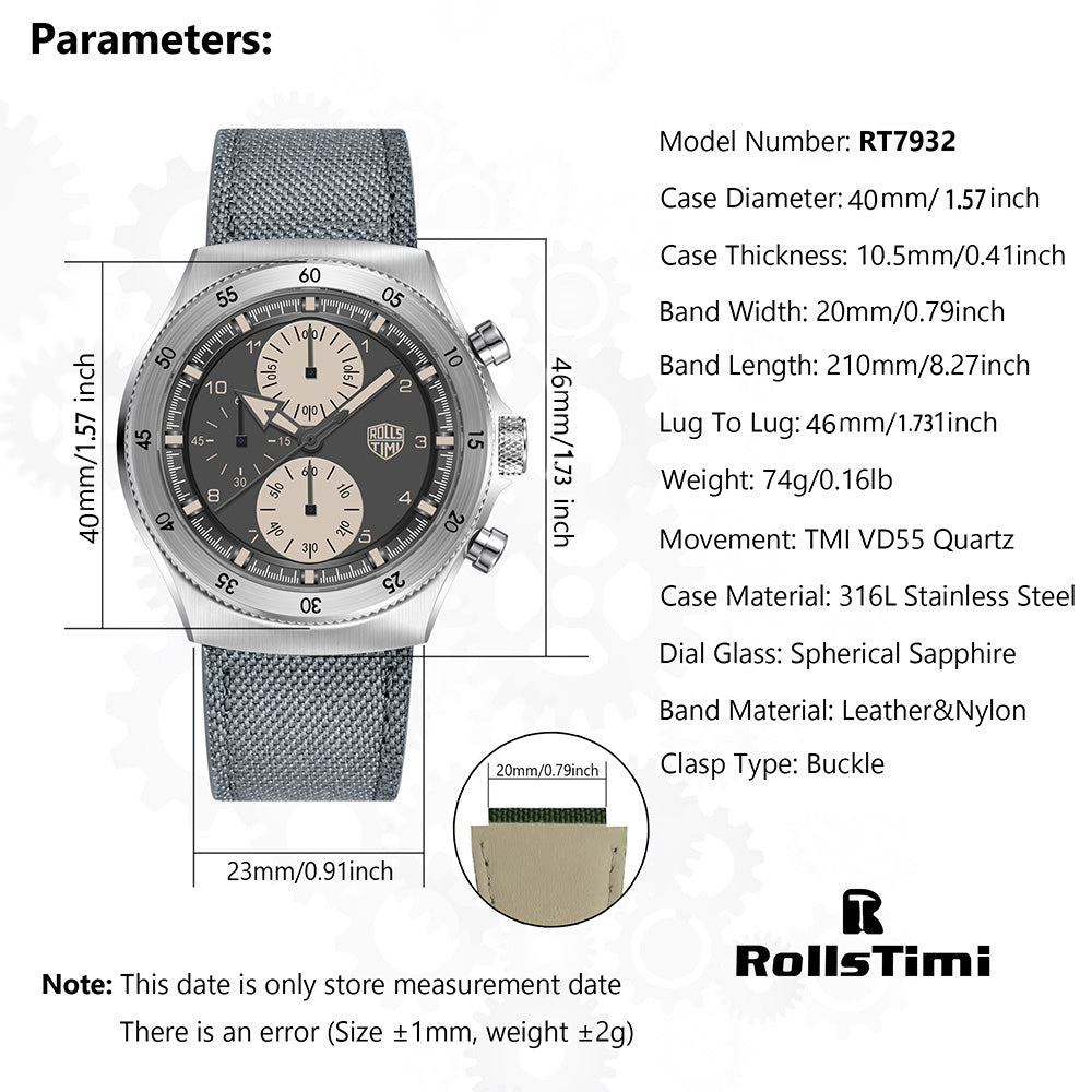 腕時計 メンズ 40代 50代 クロノグラフ クォーツ ナイロンベルト 革 回転ベゼル 5気圧防水 Rolls Timi RT-7932