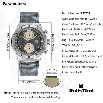 腕時計 メンズ 40代 50代 クロノグラフ クォーツ ナイロンベルト 革 回転ベゼル 5気圧防水 Rolls Timi RT-7932