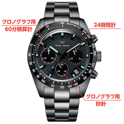 腕時計 メンズ 40代 50代 クロノグラフ オマージュウォッチ クォーツ オールブラック 39mm WELLY MERCK WM176