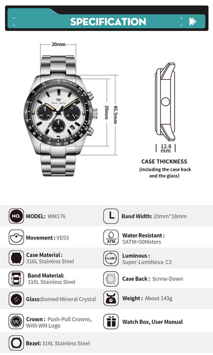 腕時計 メンズ 40代 50代 クロノグラフ オマージュウォッチ クォーツ オールブラック 39mm WELLY MERCK WM176