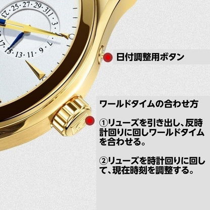 機械式腕時計 メンズ GMT 自動巻き パワーリザーブインジケーター 黒革ベルト 日付 Dバックル CARNIVAL 8762G