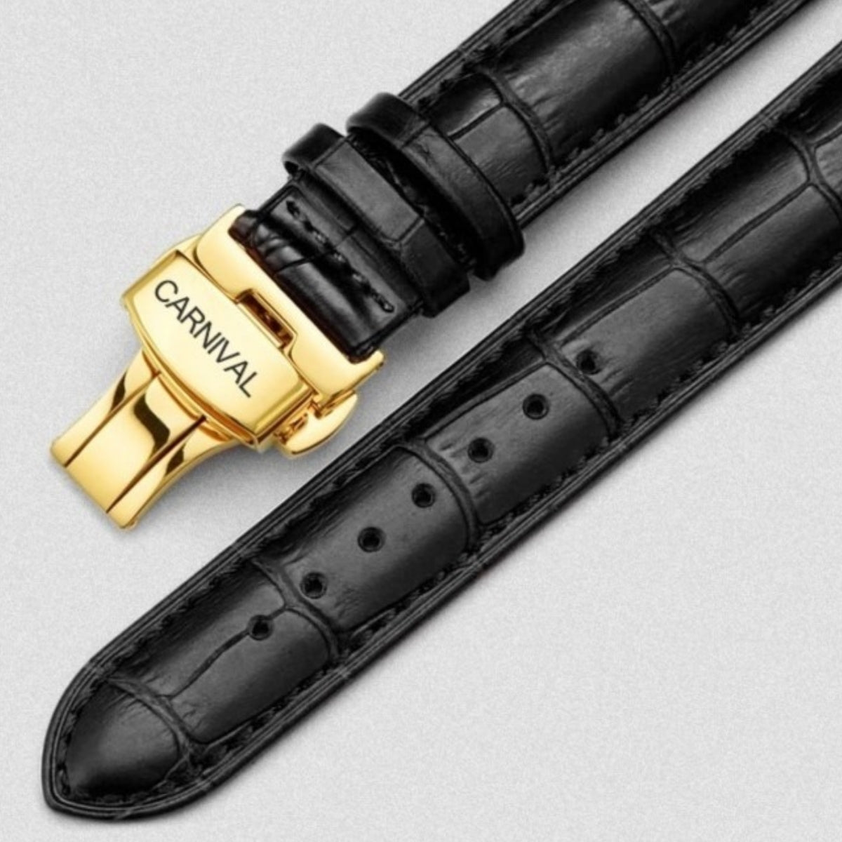機械式腕時計 メンズ GMT 自動巻き パワーリザーブインジケーター 黒革ベルト 日付 Dバックル CARNIVAL 8762G