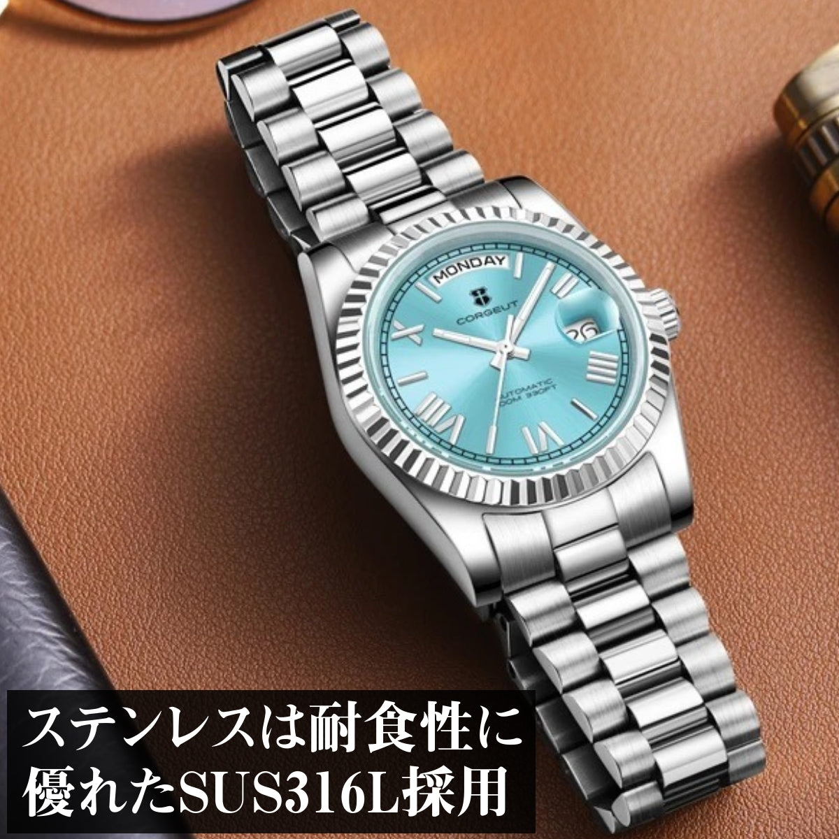 腕時計 メンズ 機械式 自動巻き 40代 50代 オマージュウォッチ デイデイト 手巻き 36mm 日付 曜日 CORGEUT 6002