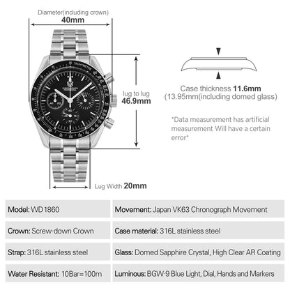 腕時計 メンズ 40代 50代 クロノグラフ オマージュウォッチ クォーツ メカクォーツ 40mm WATCHDIVES WD1860