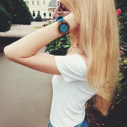Pair of Wooden Watches for Couples and Husbands, Leather Strap, Hypoallergenic, Turquoise Blue, C28