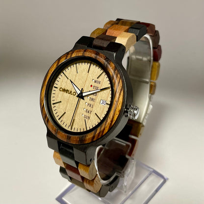 Wooden watch for women in their 20s, 30s, and 40s, featuring a quartz movement, calendar, date display, and day of the week display.
