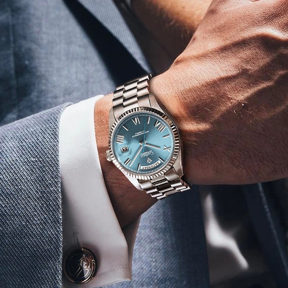 腕時計 メンズ 40代 50代 CADISEN オマージュウォッチ デイデイト 機械式 自動巻き 手巻き付き アイスブルー 父の日 C8185G