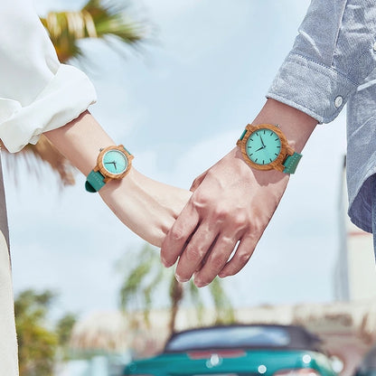 Pair of Wooden Watches for Couples and Husbands, Leather Strap, Hypoallergenic, Turquoise Blue, C28