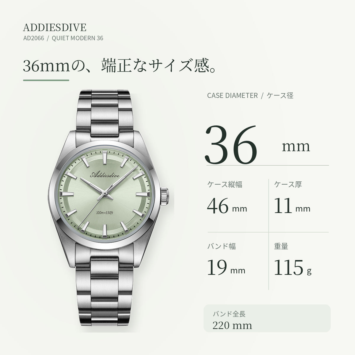 ADDIESDIVE 36mm AD2066 unisex watch for men and women in their 40s and 50s, waterproof quartz movement with Japanese-made movement