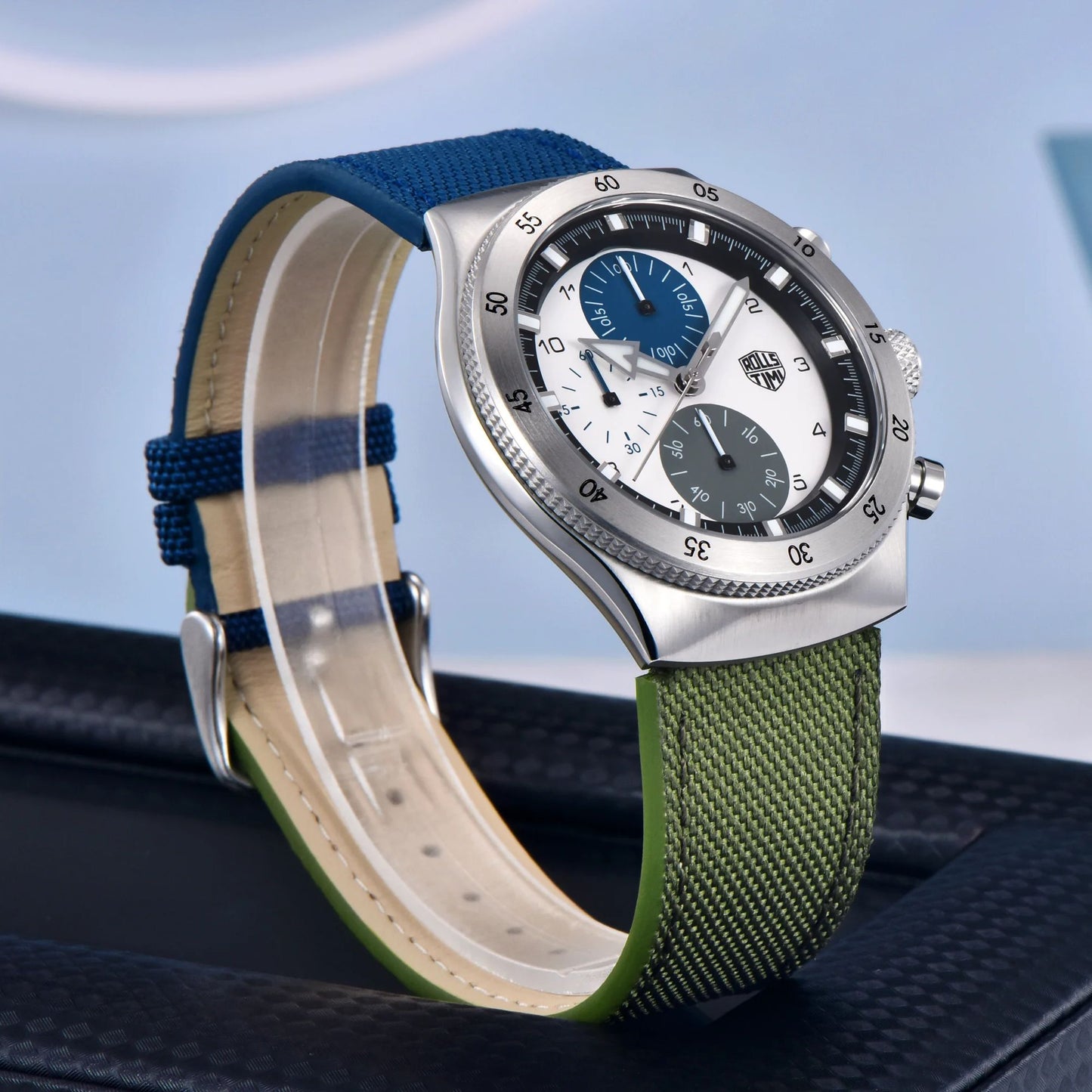 腕時計 メンズ 40代 50代 クロノグラフ クォーツ ナイロンベルト 革 回転ベゼル 5気圧防水 Rolls Timi RT-7932