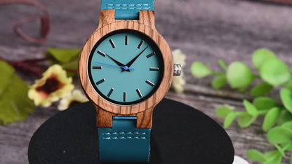 Pair of Wooden Watches for Couples and Husbands, Leather Strap, Hypoallergenic, Turquoise Blue, C28